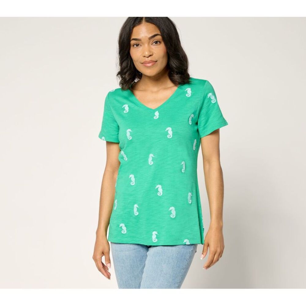 LEGO Women's Top Sz S Slub Knit Florida Fun Embroidered Green A688214